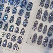 Vintage Stained Glass 5D Embossed Nail Art Stickers - Iridescent Shell Effect, Self-Adhesive DIY Decals For Nails, Journals & Phone Decor, Geometric & Floral Patterns, Shimmering Pastel Colors, Nail Stickers - 彩色 - 查看 1