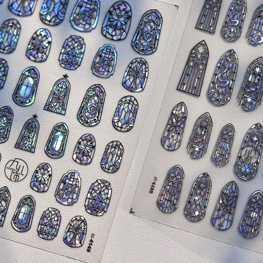 Vintage Stained Glass 5D Embossed Nail Art Stickers - Iridescent Shell Effect, Self-Adhesive DIY Decals For Nails, Journals & Phone Decor, Geometric & Floral Patterns, Shimmering Pastel Colors, Nail Stickers - 彩色 - 查看 1