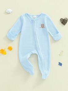 Newborn Baby Girl Boy Romper Crew Neck Long Sleeve Boots/Bear/Truck Print Fall Zipper Footed Jumpsuit - Blue - View 1