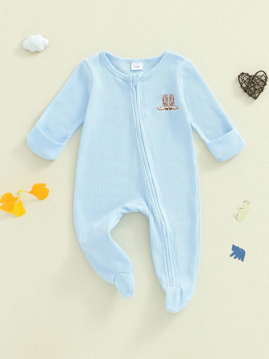 Newborn Baby Girl Boy Romper Crew Neck Long Sleeve Boots/Bear/Truck Print Fall Zipper Footed Jumpsuit - Blue - View 1