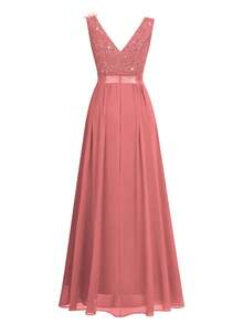 MIUSOL Elegant Women's Sequin Floral Lace Sweetheart Neck Maxi Dress, Sleeveless With Applique Shoulder, Ruched Chiffon Split Thigh Hem, For Evening Party - 藕粉色 - 查看 8