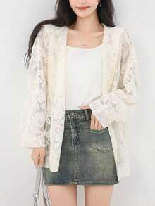 法式蕾丝拉链连帽薄款开衫，休闲轻薄长袖外套，适合春夏季 - 杏色 - 查看 6
