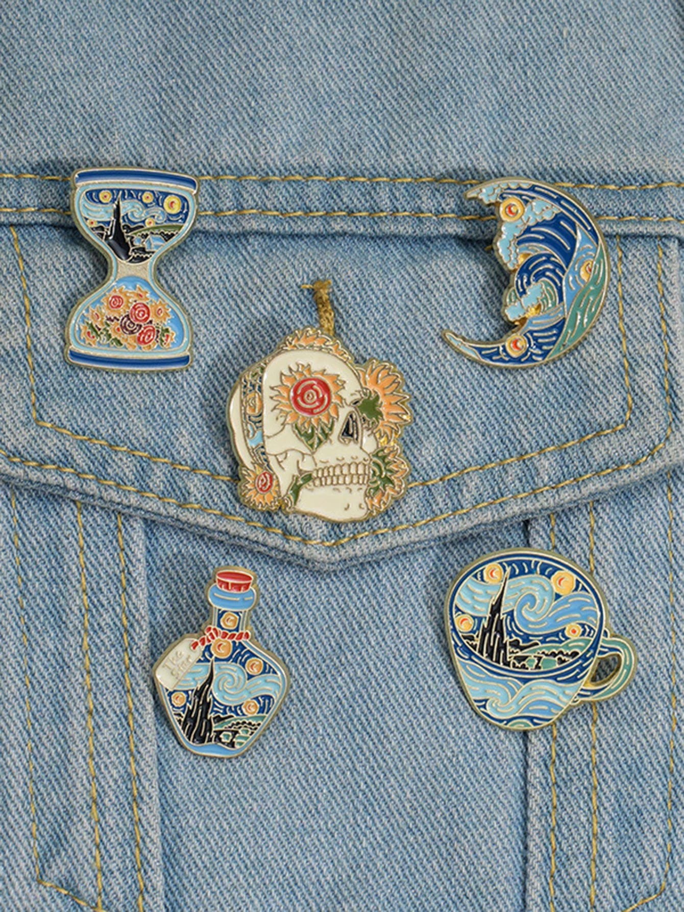 Set de 5 piezas de pines esmaltados con diseños de la Noche Estrellada, pintura al óleo de Van Gogh, broches, insignias de solapa, regalos de joyería de arte divertido con animales para niños y amigos