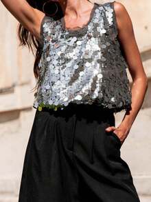 Women's Summer Shiny Sequins Vest Sleeveless Round Neck Fashionable Party Tank Tops - 銀色 - 查看 3