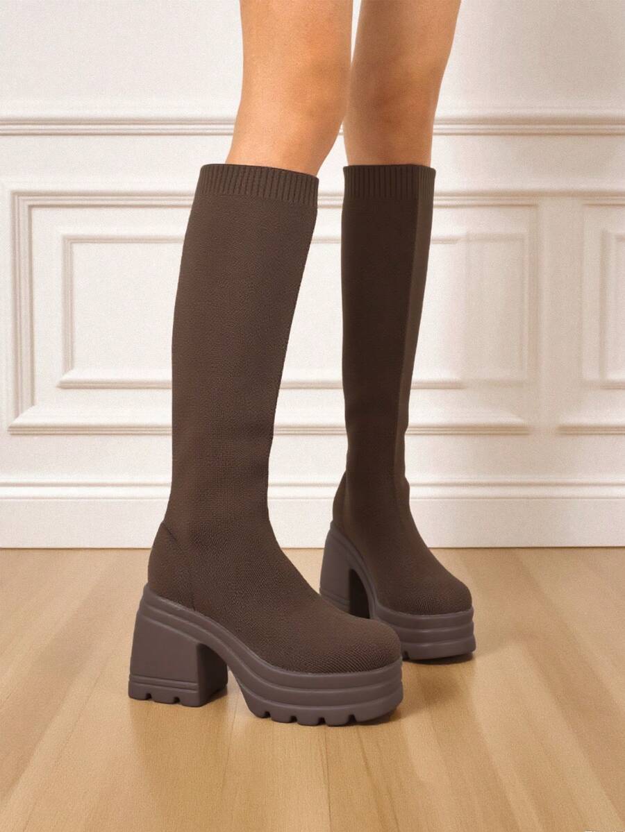 Knee High Platform Long Boots For Women Round Toe Chunky Heels Knitted Platform Boots Fall Winter Casual Party Tall Boot - 棕色 - 查看 1