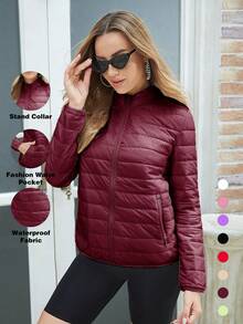 ZIAI Women's Lightweight Down Jacket, Solid Color Stand Collar, Winter - Burgundy - View 1