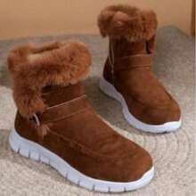 Women's Snow Boots With Buckle Decoration, Faux Suede And Teddy Fleece Lining, Simple Outdoor Sports Warm Snow Boots, Thick-Soled Short Snow Boots, Women's Flat Short Winter Fleece-Lined Warm Boots