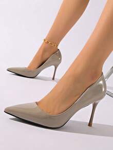 Fall/Winter Women's Elegant Light Gray Glossy Leather 8.5cm Thin Heel Pointed Toe Shallow Sexy Nightclub Fashion Wedding Commute Daily High Heel Pumps,Elegant,Party - Light Grey - View 7