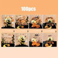100 túi đựng kẹo ăn vặt phong cách Halloween, túi đựng kẹo tự dính hình lâu đài hoạt hình dễ thương, ma, mèo, bí ngô, túi đựng quà tặng tiệc Halloween - Nhiều màu - Xem 9