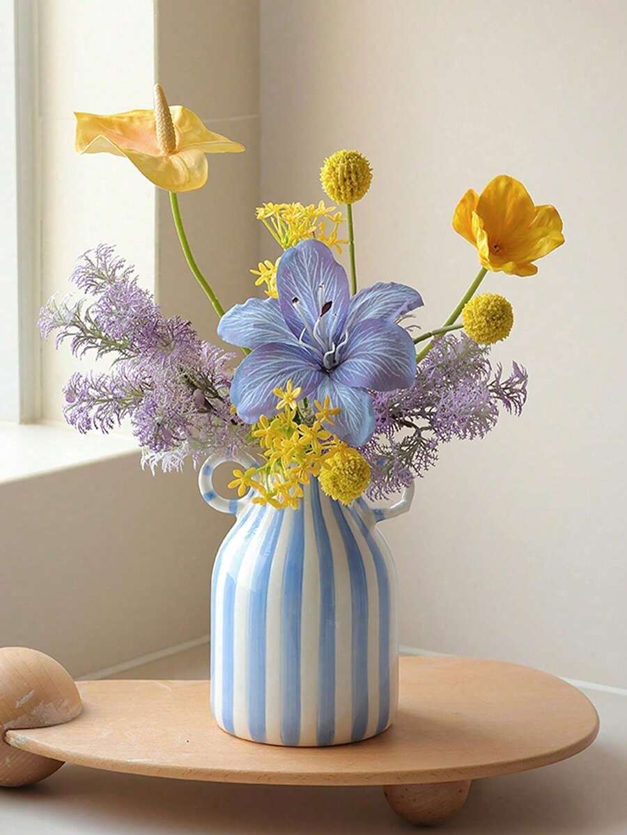 Europäischer Stil handbemalte gestreifte Keramikvase | Französische Luxus Wohnzimmer Dekoration hochwertige Kunstobjekt