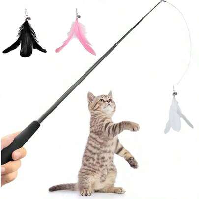 Cat Teasers Cat Feather Wand Cat Toy Interactive Toy Feather Wand With Bell Natural Feather Refills