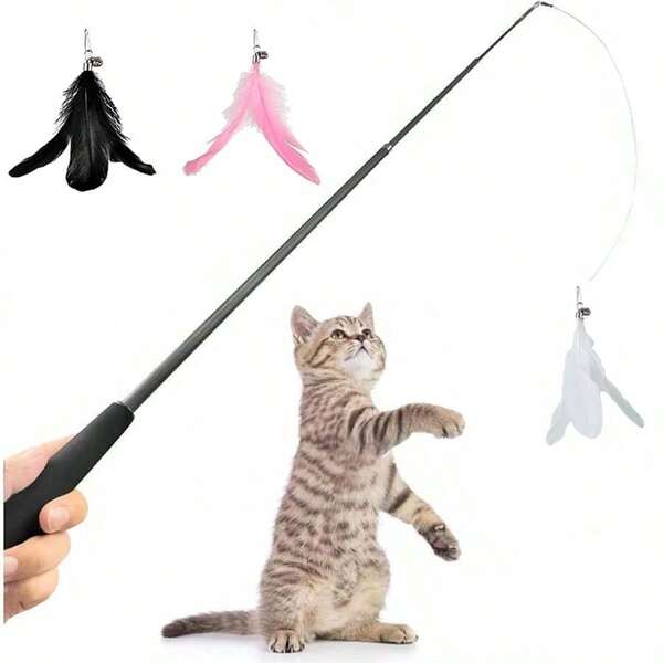 Cat Teasers Cat Feather Wand Cat Toy Interactive Toy Feather Wand With Bell Natural Feather Refills
