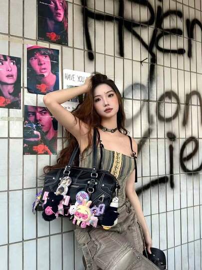 1pc Retro Punk Rivet Tote Bag, Large Capacity Shoulder Bag, Crossbody Travel Bag, Casual Versatile Underarm Bag Suitable For Daily Work, School, Travel, Commute