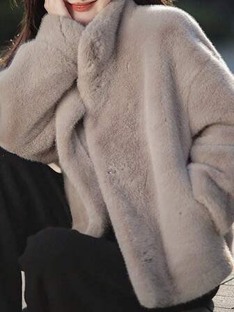 女式宽松纯色仿毛领口袋休闲夹克，秋冬