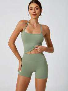 NcmRyu Women's Solid Color Backless Yoga Set - Nude-Feeling Fabric, Butt-Lifting & Shaping, Quick-Dry Activewear For Spring Summer Sports, Gym & Fitness - 綠色 - 查看 6