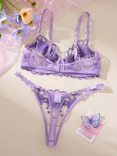 Paars Semi Transparent Com Tafel Breathable Daisy Geborduurde Bloemen Mesh Hollow Verleidelijke Lingerie Set, Lazy Two Pieces BH Sweet Thong, Various Parties view 2