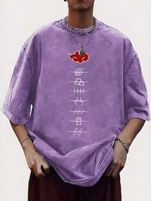 Loose-Fit   Cloud Vintage Wash T-Shirt - Men's 230g Heavyweight Cotton Tee, Retro Anime Graphic Print, Oversized Casual Summer Top, Soft & Breathable Streetwear, Perfect Gift For Anime Fans And Holiday Wear - 紫色 - 查看 1