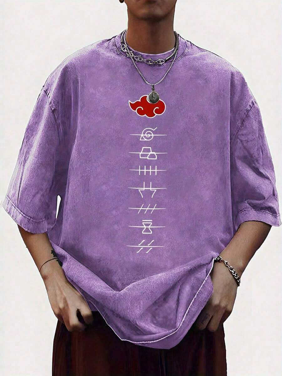 Loose-Fit   Cloud Vintage Wash T-Shirt - Men's 230g Heavyweight Cotton Tee, Retro Anime Graphic Print, Oversized Casual Summer Top, Soft & Breathable Streetwear, Perfect Gift For Anime Fans And Holiday Wear - 紫色 - 查看 1