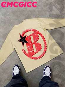 EMCGICC Street Life Men's Y2k Style (250 Cotton T-Shirt) Long Sleeve Shirt, Cotton Graphic T-Shirt, Men's Hip Hop Style - Long Sleeve T-Shirt, Fun Vintage Shirt, Regular Fit, Street Style, Halloween, Digital Print, Ideal Gift - 米色 - 查看 4