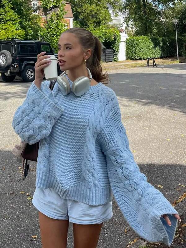 كنزة صوفية كنزة فضفاضة مرتخية بأكمام واسعة من VIBEWAVE، بطراز أوروبي وأمريكي ثقيل الوزن فرنسي