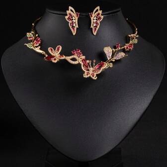 1 套多色锆石镶嵌蝴蝶和花朵形耳环、项链、首饰套装、时尚个性化、适合女性节日、派对、婚礼、宴会佩戴、时尚首饰套装、礼物