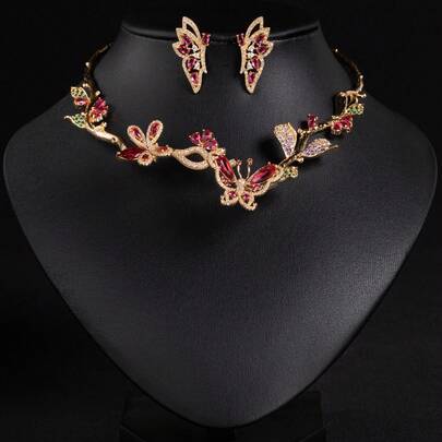 1set Multicolor Zirconia Embedded Butterfly & Flower Shaped Earrings, Necklace, Jewelry Set, Fashionable & Personalized, Suitable For Women's Holiday, Party, Wedding, Banquet Wear, Fashion Jewelry Set, Gift