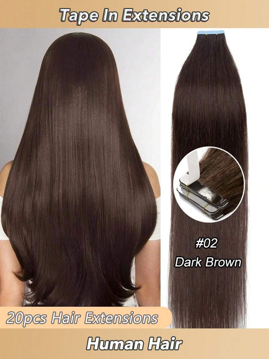 16"-24" Brown Tape In 100% Human Hair Extensions For Women, 50g, 20Pcs/Pack, Straight Seamless Skin Weft Remy Human Tape In Hair Extensions Dark Brown 2#, Human Hair Extensions For Trending Colour-Matching Halloween Costumes Looks, Bridal Hairstyle, Spooky Gothic Look
