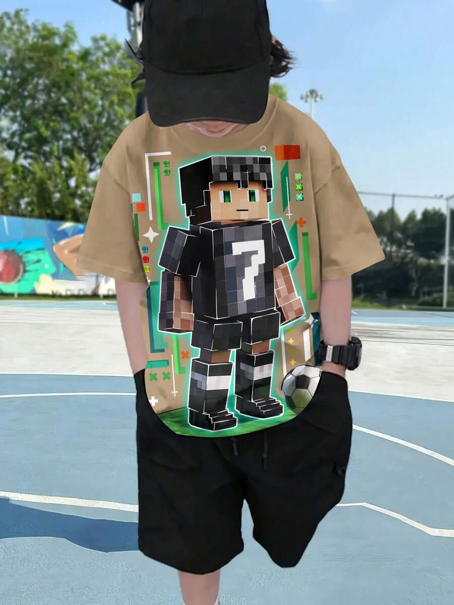 休闲时尚卡通图案短袖圆领T恤，儿童户外服装，四季热销 - 卡其色 - 查看 1