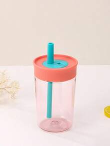1pc 15oz Durable Plastic Straw Cup With Leak-Proof Design, Suitable For Children Travel And Home Use - Pink - View 1