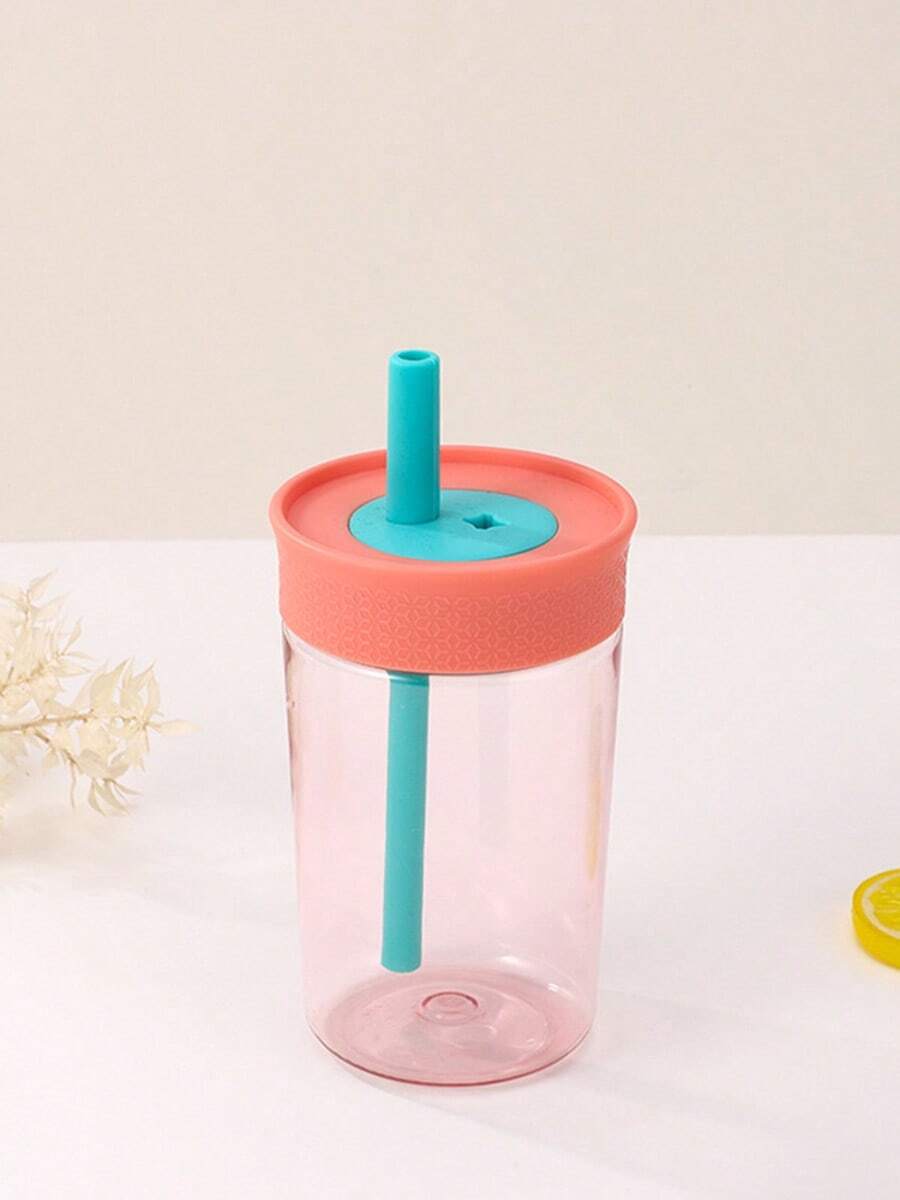 1pc 15oz Durable Plastic Straw Cup With Leak-Proof Design, Suitable For Children Travel And Home Use - Pink - View 1