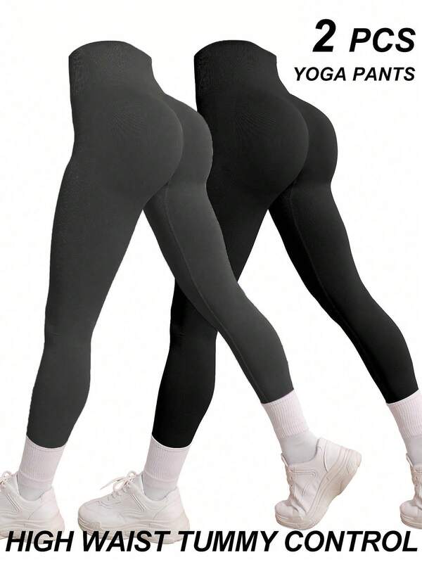 2pcs Sweat Pants Sets For Women's Yoga Seamless High Stretch Tummy Control Sports Leggings, Women's Petite Solid High Waist Bodycon Black Tights, Licras For Gym