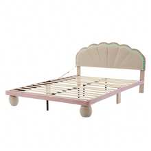 Upholstered Bed 140x200 Cm, Children's And Youth Bed, Velvet Cover, Wavy Headboard, Upholstered Round Legs, Wooden Slatted Frame, Beige + Pink, Mattress Not Included - 查看 8