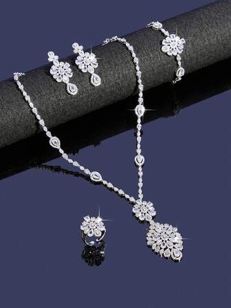 5 件套优雅铜和方晶锆石泪珠吊坠项链新娘首饰套装婚礼舞会