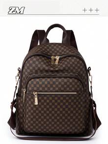 女士复古背包，新款时尚百搭 PU 格子学生背包/单肩包/旅行包