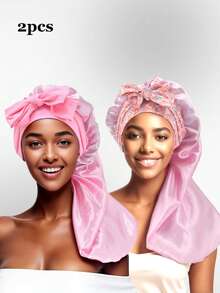 2pcs Bonnets Set,Satin Long Bonnet For Women, Adjustable Sleep Cap With Tie Band,Long Bonnet For Curly Or Dreadlocks Hair,Large Braid Bonnet Silky Hair Cap For Locs Women Sleeping.(Random Print)