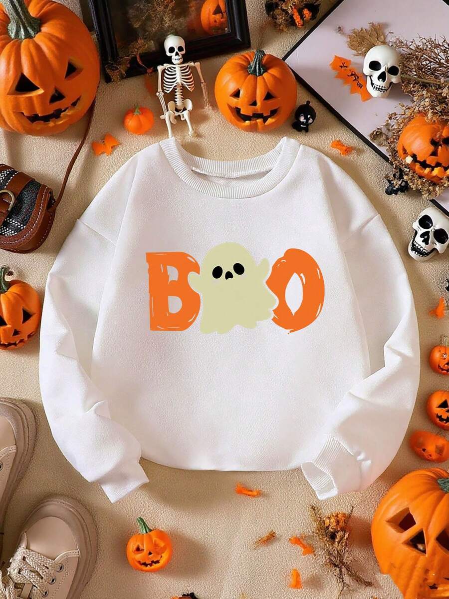1 Stück Jungen Halloween Lässig Loose Geist und BOO Englisch Muster bedruckter Rundhals Langarm Hoodie, ein modisches Outfit geeignet für Herbst und Winter, perfekt für Halloween Partys