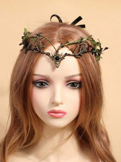 1 pieza Diadema de mujer vintage elegante de metal con cuerno de buey y decoración de rama forestal, banda para la frente de estilo hada natural Mori
