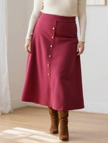 Plus Size Ribbed Knit Skirt With Pearl Buttons - Hot Pink A-Line Midi Skirt For Women, Stretchy Comfort Fit Office To Weekend Skirt, Elegant Front Button Design With Flared Hemline - 玫紅色 - 查看 3