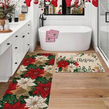 1/2pcs Christmas Floor Mat, Classic White Red Floral And Green Foliage Pattern Kitchen Floor Mat, Christmas Atmosphere Decoration, Kitchen Floor Mat, Room Decoration, Perfect For Dining Room, Hallway, Bathroom, Bedroom And Doorway - Multicolor - View 2