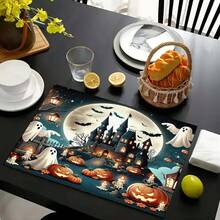 4 Stücke Halloween Horror Schloss & Kürbis Muster Leinen Tischsets - Gewebte Leinen rechteckige Tischsets für Speisezimmer, Küche, Kaffeetisch, Esszimmerdekoration - Verschiedenfarbig - Übersicht 13