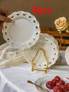 1pc/2pcs European Style Embossed Heart Shaped Plate, Pure White Hollow Heart Shaped Dinner Plate, Ceramic Dessert Plate For Home Use, Cake Display Plate