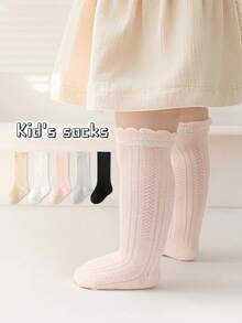 1 Pair Girls' Solid Color Knee High Socks With Ruffle Trim, Autumn/Spring