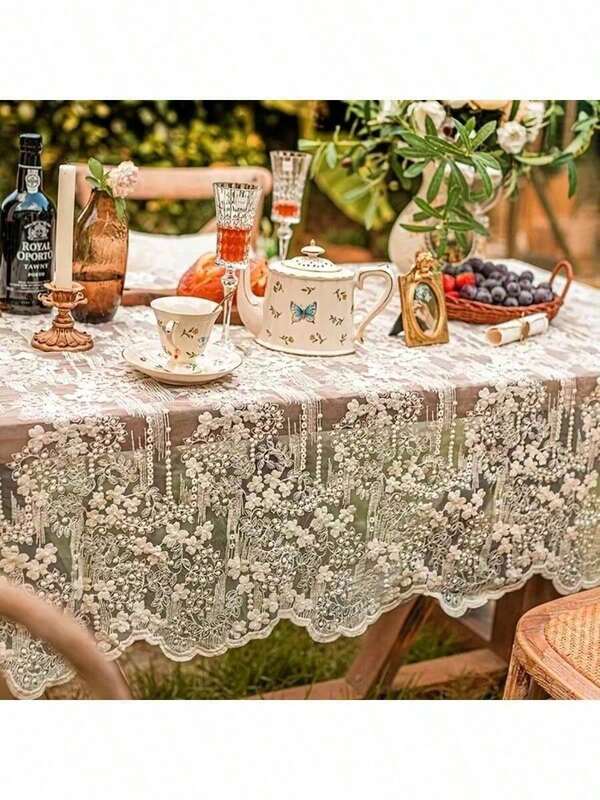 1pc Elegant White Lace Tablecloth - 100% Polyester Rectangular Tablecloth - Machine Made Solid Round Tablecloth, Suitable For Coffee Tables, Home Decor, Weddings, Birthdays And Holiday Celebrations, Holiday Lace Tablecloth