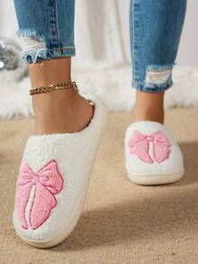 Pink Cute Bow Slip-On Women's Slippers Bow Embroidery Indoor Casual Home Wear Footwear - 粉色 - 查看 3