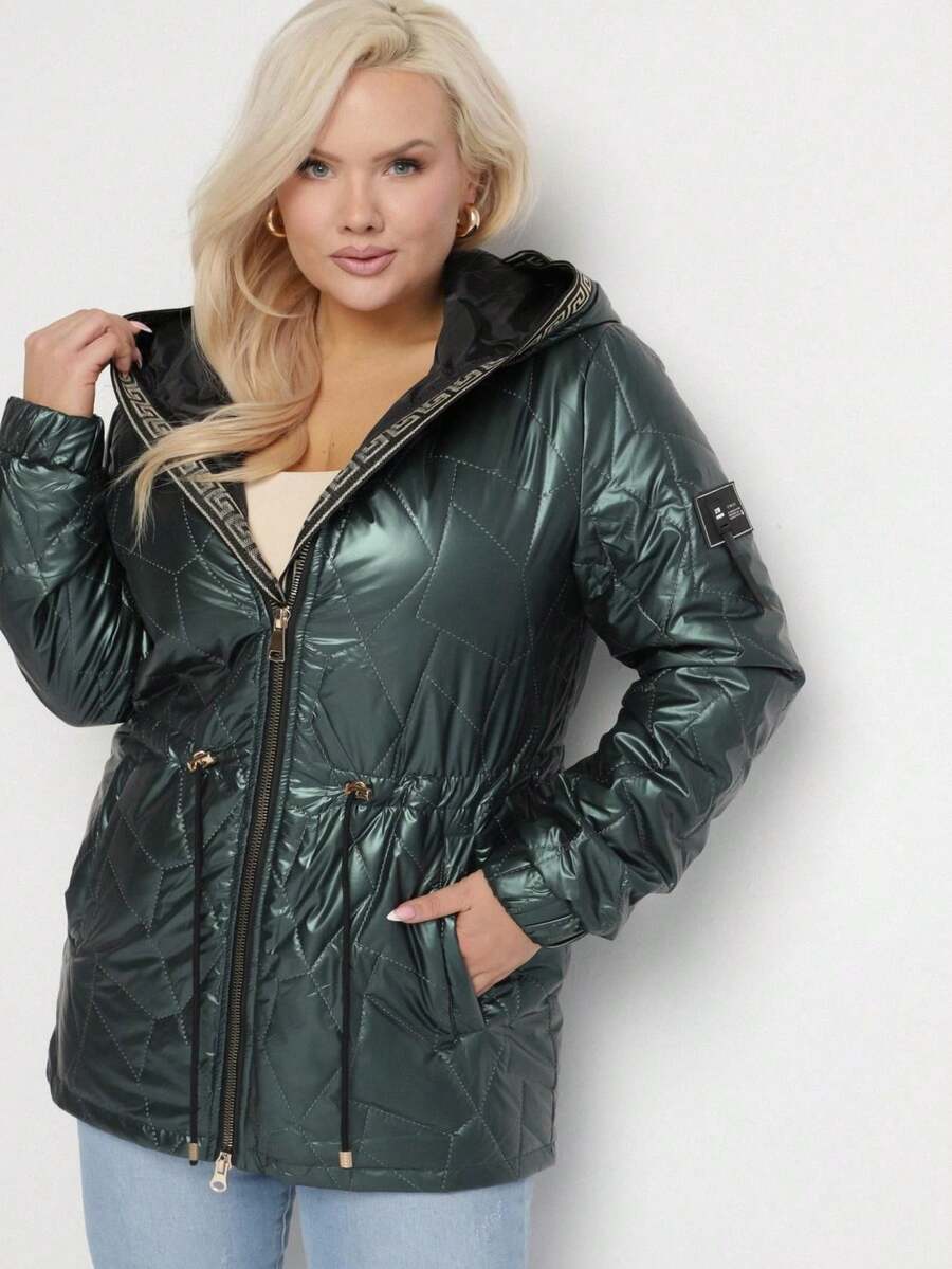 Quilted Parka Jacket With Fixed Hood - Dark Green - View 1