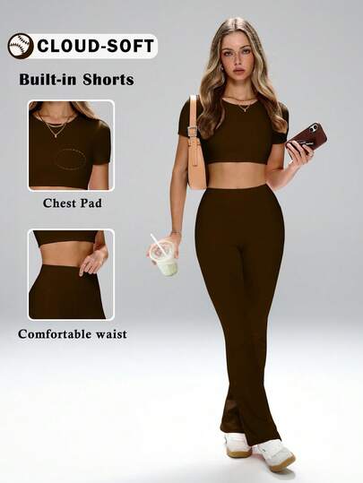 Versatile Matching Set,Ab-Baring Crop Top,Waist-Defining Pants,Leg-Lengthening Flare,#AthleisureEssential #MinimalistChic #RetroFlare,Basic Workout Set,High Waist Flare Pants Set,Office To Yoga Clothes,Tummy Control Two Pieces, Cropped Tee & Flared Yoga Pants,Essential 2 Pieces Workout Set