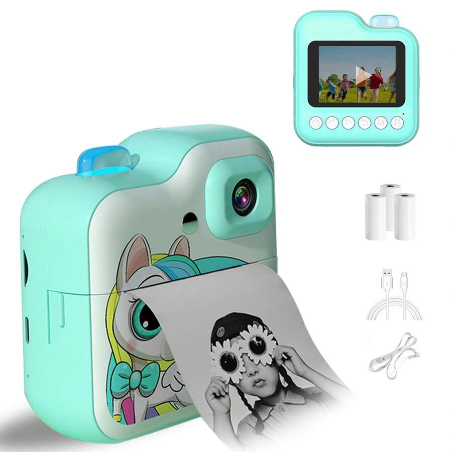Kids Camera Instant Print, Screen Camera For Kids Dinosaur Children Digital Camera With Rolls Paper, Christmas Birthday Gift Toys For Boys Girls 3-12 Age