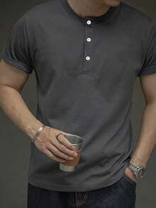 ALTZTAR Men's Casual Versatile Solid Color Henley Neck Short Sleeve T-Shirt - Dark Grey - View 4