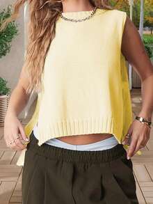 Women's Knit Tank Tops Sleeveless Crew Neck Solid Color Side Tie-Up Loose Fit Vest For Summer Spring Fall - 黃色 - 查看 2