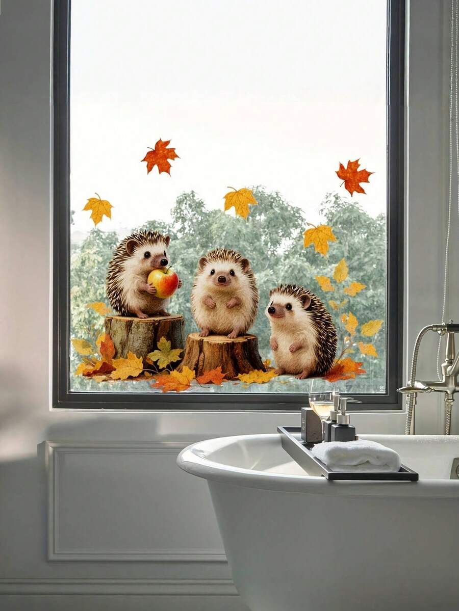 1 Peça Adesivo Eletrostático de Decoração de Janela com Ouriço e Folha de Bordo - Adequado para Decoração Moderna de Casa, Quarto, Sala de Estar, Varanda ou Vitrine com Design de Floresta de Outono. Adesivo Decorativo de Janela com Estilo Moderno, Adesivo Durável.